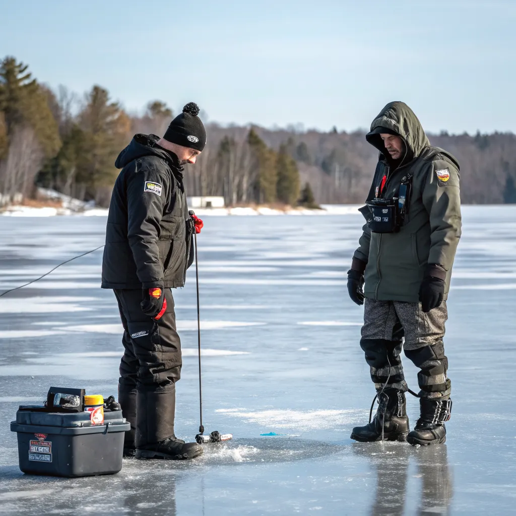 DRAXENIL ice fishing guides on frozen lake