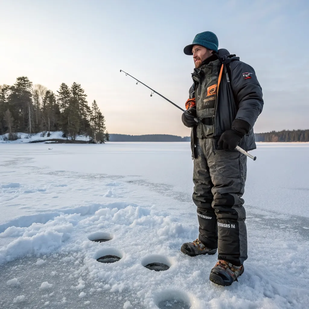 Ice fishing guide on frozen lake